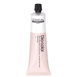 Produto de coloração capilar da linha L'Oréal Professionnel Dia Color. Embalagem em tubo plástico branco com detalhes em preto. Rótulo frontal exibe o logotipo L'Oréal Professionnel e o nome do produto "Dia Color" em letras pretas.