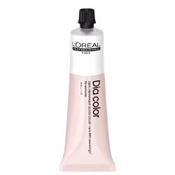 Produto de coloração capilar da linha L'Oréal Professionnel Dia Color. Embalagem em tubo plástico branco com detalhes em preto. Rótulo frontal exibe o logotipo L'Oréal Professionnel e o nome do produto "Dia Color" em letras pretas.