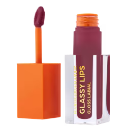 Gloss labial, embalagem transparente com tampa e aplicador laranja. O produto está destampado, com a tampa ao lado.