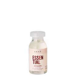 Trata-se de um frasco de vidro transparente com tampa branca, contendo um líquido claro. O rótulo do produto exibe o nome "Essential" em letras vermelhas, juntamente com a marca "Braé" e a descrição "Antiquebra" em letras menores.