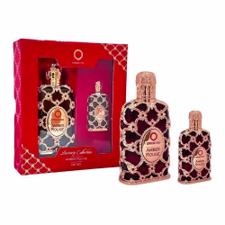 Conjunto de perfumes Orientica Amber Rouge, com frascos decorados em vermelho e dourado, apresentados em caixa vermelha com detalhes florais. Inclui dois tamanhos de fragrância Amber Rouge.