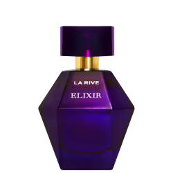 Frasco de perfume La Rive Elixir, com embalagem de vidro de cor roxa escura, tampa dourada e rótulo com o nome do produto em destaque. Apresenta design elegante e sofisticado.