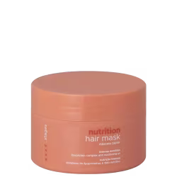 Pote de máscara capilar da marca Braé, com tampa laranja e rótulo com o texto "nutrition hair mask" e informações sobre o produto.