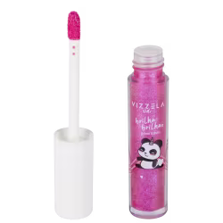 Brilho labial gloss rosa brilhante em frasco plástico transparente com tampa branca. O frasco tem um aplicador de haste branca com ponta esponjosa rosa.