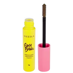 O produto é uma máscara para sobrancelhas da marca Vizzela. Consiste em um frasco cilíndrico amarelo com a inscrição "Easy Brow" e a descrição "máscara para sobrancelhas marrom" em português.