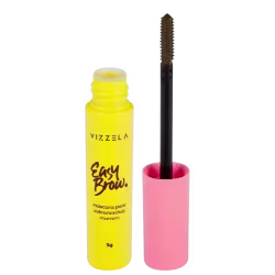 O produto é uma máscara para sobrancelhas da marca Vizzela. Consiste em um frasco cilíndrico amarelo com a inscrição "Easy Brow" e a descrição "máscara para sobrancelhas marrom" em português.