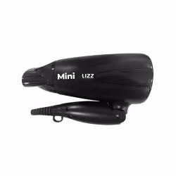 Secador de cabelo portátil da marca Lizz Professional, com design compacto e corpo preto. Apresenta o nome "Mini" em destaque na embalagem, indicando tratar-se de um modelo de tamanho reduzido.