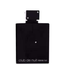 Frasco de perfume preto e branco da marca Armaf, com o nome "Club de nuit intense man" impresso no rótulo. O frasco possui um design minimalista e elegante, com detalhes em metal.