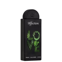 Frasco de perfume Affection da marca Lattafa Perfumes, com embalagem preta e detalhes em verde, exibindo o nome "Affection" em destaque e o volume de 100 ml.