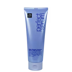 Tubo de tratamento capilar da marca Mise en Scène, com embalagem azul e branca, contendo informações sobre o produto "Magic Straight Treatment".