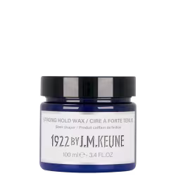 Frasco de cera de fixação forte da marca Keune, com rótulo em azul e branco indicando o nome do produto "Strong Hold Wax" e a quantidade de 100 ml.