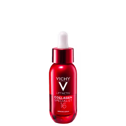 Frasco de sérum facial da marca Vichy, na cor vermelha, com rótulo destacando "Liftactiv Collagen Specialist 16" e "Bonding Serum". O produto apresenta um conta-gotas branco no topo.