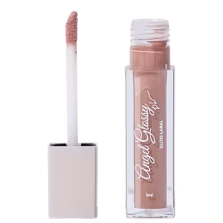 Gloss em embalagem plástica transparente com tampa rosada. Frasco pequeno de 5ml com líquido de cor bege no interior. Rótulo com o nome "Angel Glossy" em letras cursivas.