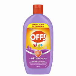 Frasco de repelente de insetos OFF! Kids, com embalagem econômica de 200 ml, em tons de roxo e laranja, com informações sobre proteção de até 4 horas.