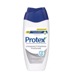 Frasco de 250 ml do produto de limpeza profunda Protex, com embalagem em tons de azul e branco. O rótulo destaca a proteção antibacteriana natural com óleo de linhaça.