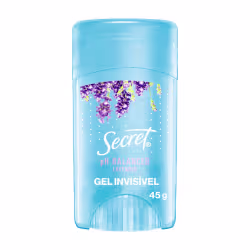 Gel desodorante invisível da marca Secret, com fragrância de lavanda, embalado em frasco azul claro com detalhes florais roxos e texto branco.