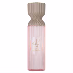 Frasco de perfume Lattafa Teriac com design ondulado em tons de bege e rosa, contendo texto em árabe e inglês indicando "Perfume Mist".
