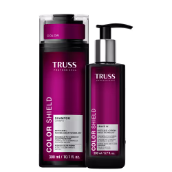 Embalagem e frasco de item da marca TRUSS, com textos "TRUSS PROFESSIONAL", "COLOR SHIELD", "SHAMPOO" e "LEAVE IN" em fundo rosa escuro.