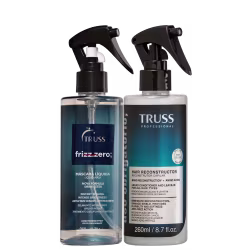 Dois produtos da marca TRUSS: Máscara Líquida Frizz Zer, um frasco transparente com um líquido azul-esverdeado e o spray Uso Obrigatório com embalagem azul com detalhes em preto e prata.