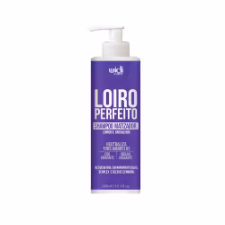 Frasco de shampoo matizador Loiro Perfeito da marca Widi Care, com embalagem de plástico branca e roxo, contendo 300ml do produto.
