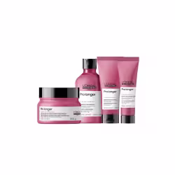 Conjunto de produtos L'Oréal Professionnel da linha Pro Longer, incluindo shampoo, condicionador e tratamento capilar em embalagens rosa e preta com detalhes em preto.