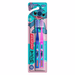 Este é um conjunto de duas escovas dentais infantis da marca Dentalclean. As escovas têm cabos plásticos, uma azul e outra rosa. Traz a ilustração do Stitch um personagem da Disney azul sorridente.