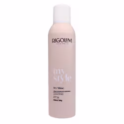 O produto apresentado é um spray de brilho aerossol da linha "my style" da marca Rigolum Hair & Co. A embalagem é um frasco branco com o nome da marca e do produto impresso em letras azuis. O frasco possui um formato cilíndrico e contém 300ml do produto.