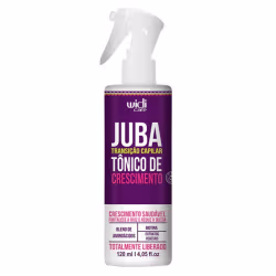 Frasco branco com rótulo roxo e amarelo da marca Widi Care, contendo o produto "Juba - Tônico de Crescimento" para transição capilar, com blend de aminoácidos e biotina, totalmente liberado.