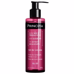 Frasco de produto de beleza da marca Principia, com embalagem rosa e preta, contendo informações sobre o produto e seus ingredientes. O frasco possui um rótulo com o site e contato da empresa.