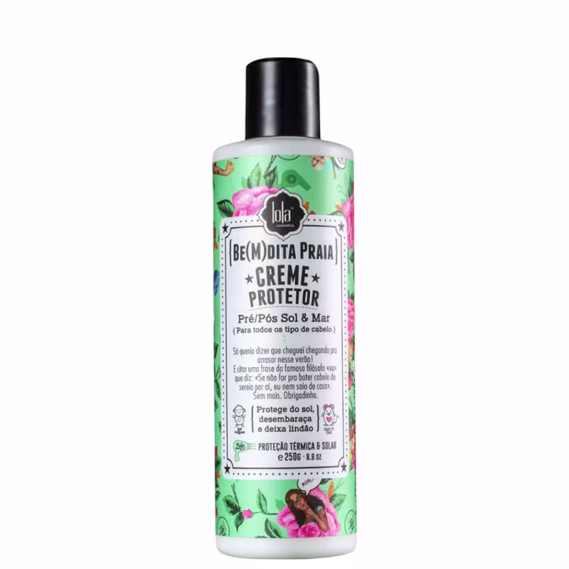 Creme protetor pré/pós sol e mar da marca Lola, embalagem plástica cilíndrica branca e preta. Rótulo verde com estampa floral e imagem de uma mulher.
