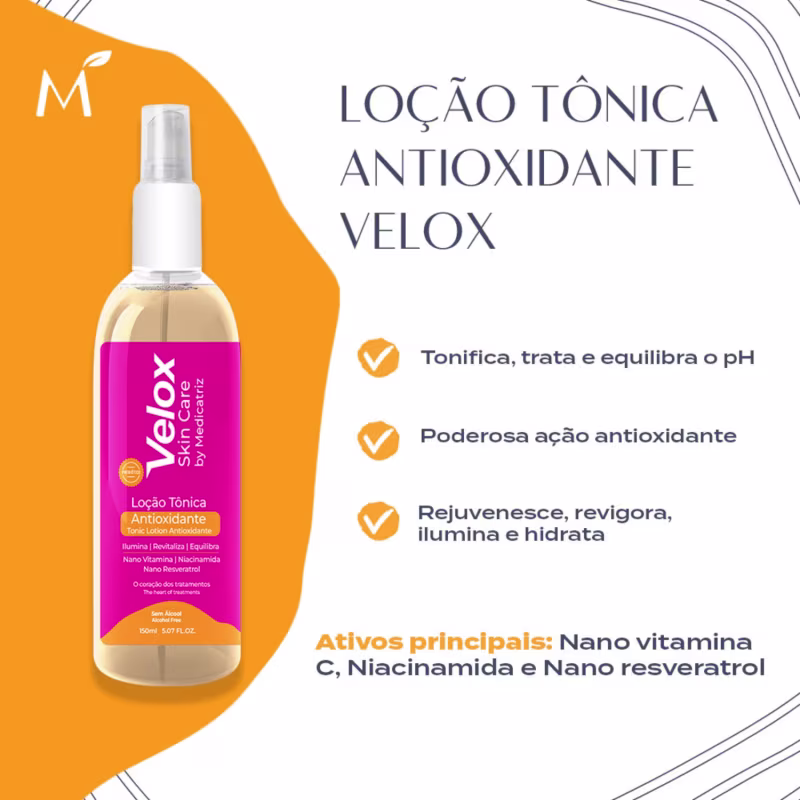 Loção tônica antioxidante velox. Tonifica, trata e equilibra o pH. Poderosa ação antioxidante. Rejuvenesce, revigora, ilumina e hidrata. Ativos principais: nano vitamina C, niacinamida e nano resveratrol.