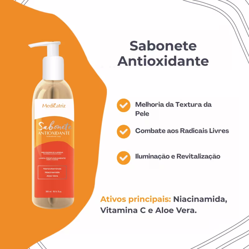 Sabonete Antioxidante: Melhoria da Textura da Pele, Combate aos Radicais Livres, Iluminação e Revitalização. Ativos principais: Niacinamida, Vitamina C e Aloe Vera.