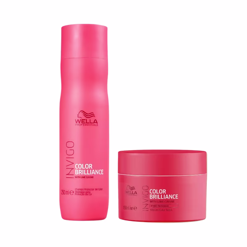 Produtos da linha Color Brilliance da Wella Professionals, incluindo um frasco de shampoo e um pote de máscara, ambos em embalagens de cor rosa vibrante com o logotipo da marca.