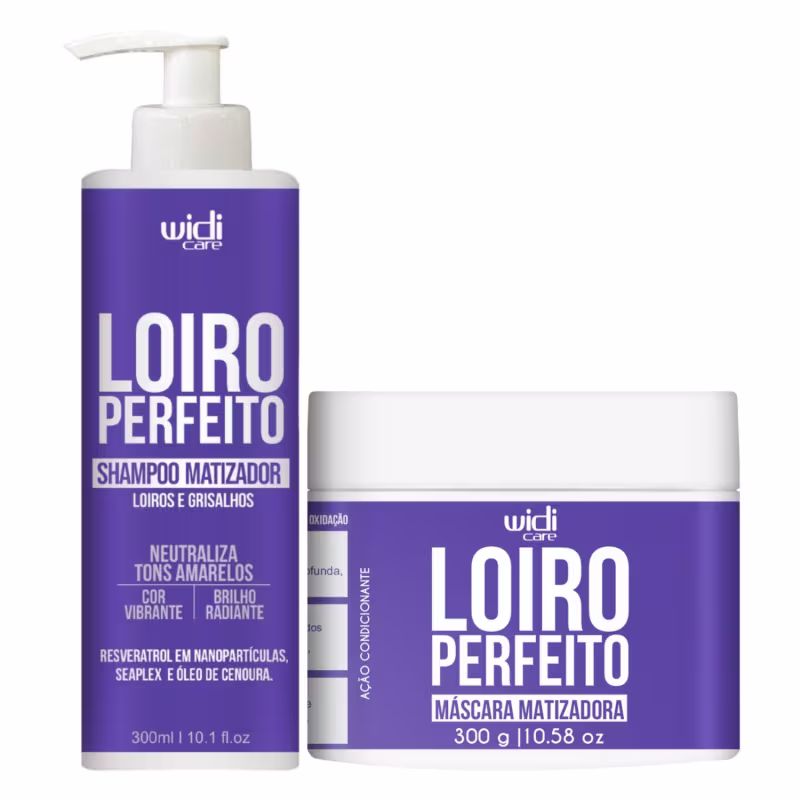 Produtos Widi Care: Shampoo matizador Loiro Perfeito em embalagem de 300 ml e máscara matizadora Loiro Perfeito em embalagem de 300 g, com rótulos em tons de roxo e branco.
