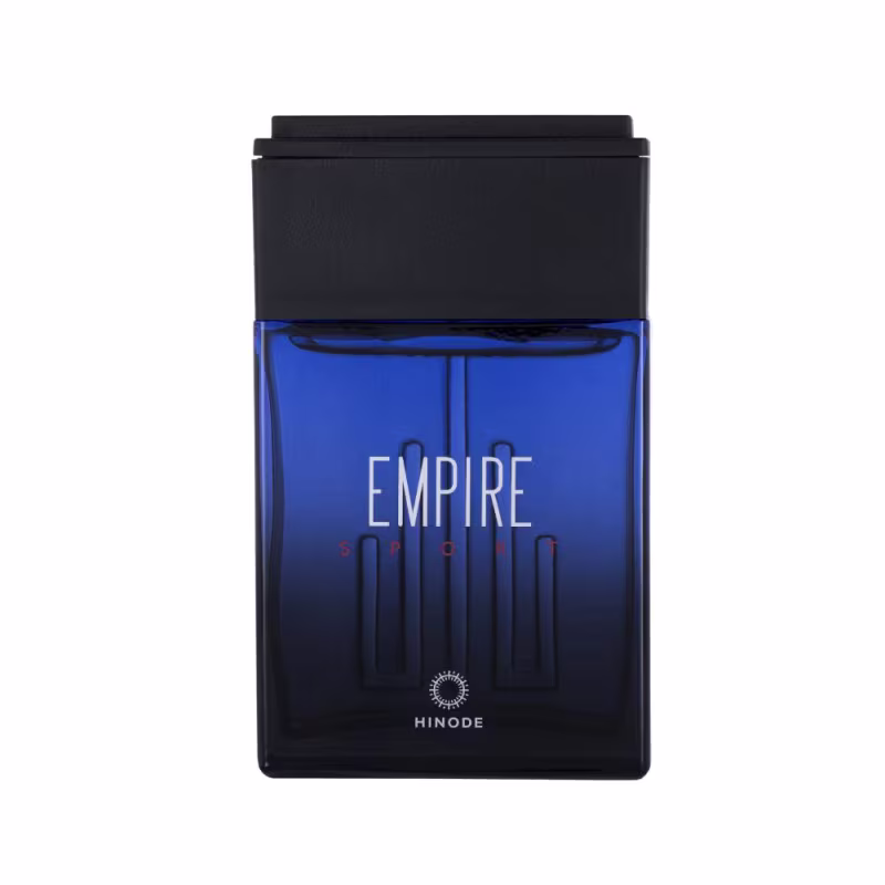 Frasco de perfume masculino da linha Empire da Hinode, com embalagem preta e azul, exibindo o nome da marca em destaque.