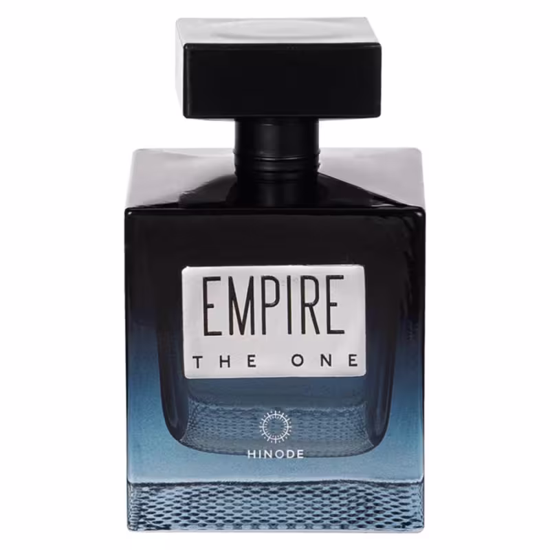 Frasco de perfume preto e azul da linha Empire, da marca Hinode, com rótulo em branco exibindo o nome "The One" em letras grandes.