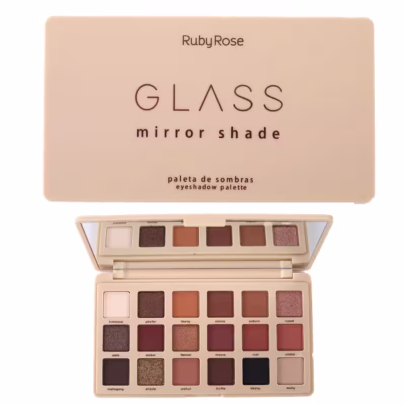 Paleta de Sombras Ruby Rose Glass Mirror Shade com 18 tons neutros de marrom, preto, perolado e bege