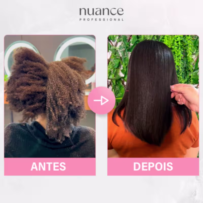 O texto indica que este é um "antes e depois" do uso dos produtos Nuance Professional. No lado esquerdo, há uma imagem de um cabelo encaracolado e volumoso antes de um tratamento. No lado direito, há uma imagem de um cabelo liso e brilhante.