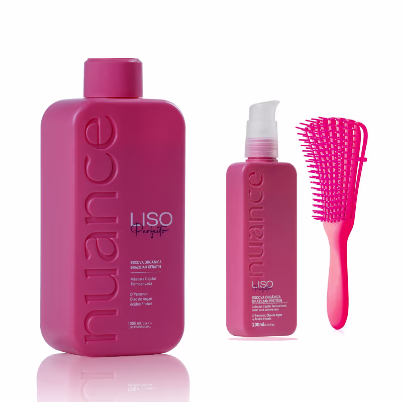 Linha de tratamento capilar da marca Nuance Professional, chamada L.ISO Perfeito. Ela consiste em um frasco grande de 1 litro de uma escova progressiva, uma embalagem de 250ml do mesmo produto e uma escova de cabelo na cor rosa.