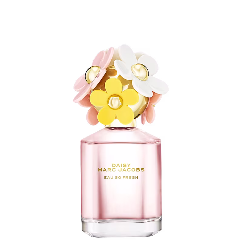 Frasco de perfume Daisy Marc Jacobs Eau So Fresh, com tampa decorada com flores coloridas em tons de rosa, amarelo e branco, em fundo branco.