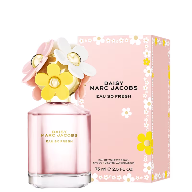 Frasco de perfume Daisy Marc Jacobs Eau So Fresh, com tampa decorada com flores coloridas em tons de rosa, amarelo e branco, em fundo branco.