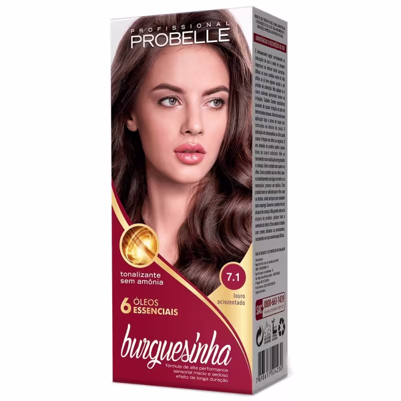 Coloração de cabelos tonalizante sem amônia. Embalagem retangular com imagem frontal de uma mulher de cabelos castanhos ondulados. Rótulo com o nome "Probelle" em letras grandes e informações como "6 óleos essenciais" e o tom "7.1 louro acinzentado".