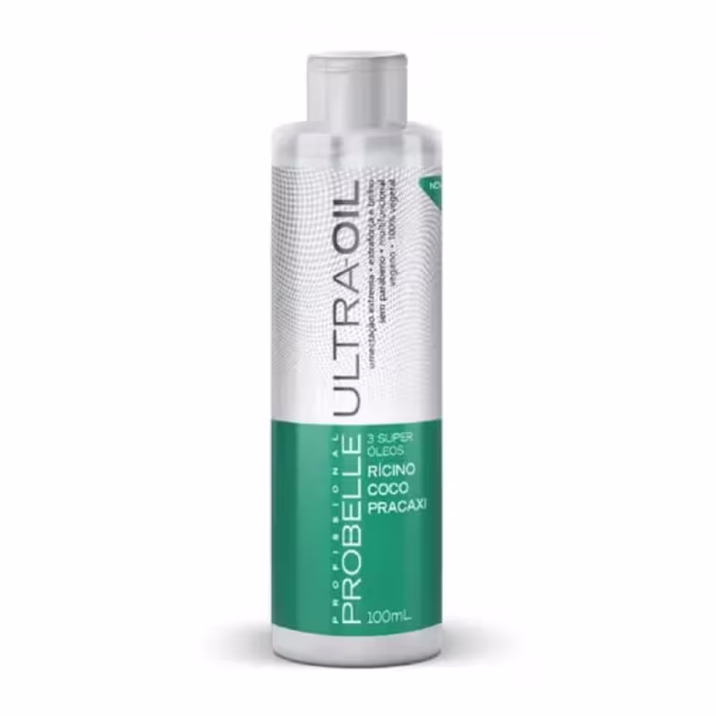 Produto de beleza capilar Ultraoil da marca Probelle. Rótulo branco com o nome "Ultraoil" em letras pretas e detalhes em verde, indicando que é um óleo de rícino (ricino coco pracaxi). Volume de 100ml impresso no rótulo.