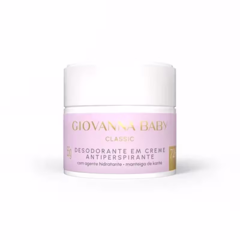 Desodorante em creme antitranspirante da linha Giovanna Baby Classic, com agente hidratante e manteiga de karité, em embalagem branca e rosa com texto dourado.