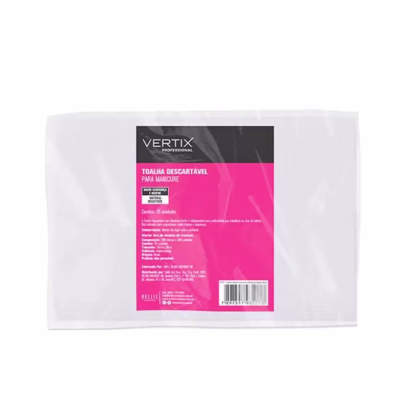 Toalha descartável para manicure da marca Vertix Professional, em embalagem plástica transparente com rótulo rosa e preto, contendo 25 unidades.
