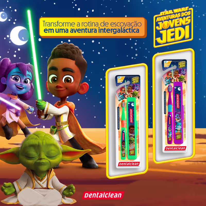 Kit Escova de Dente Infantil com Porta Escovas Escolar Star Wars Jovens Jedi Dentalclean