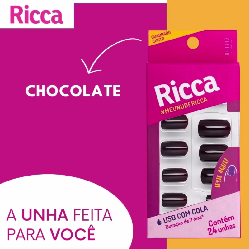 Unhas Postiças Chocolate Uso c/ Cola Quadrada Curta 24 Unhas Ricca