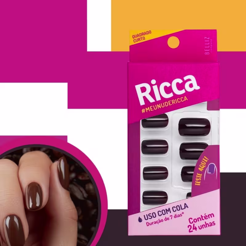 Unhas Postiças Chocolate Uso c/ Cola Quadrada Curta 24 Unhas Ricca