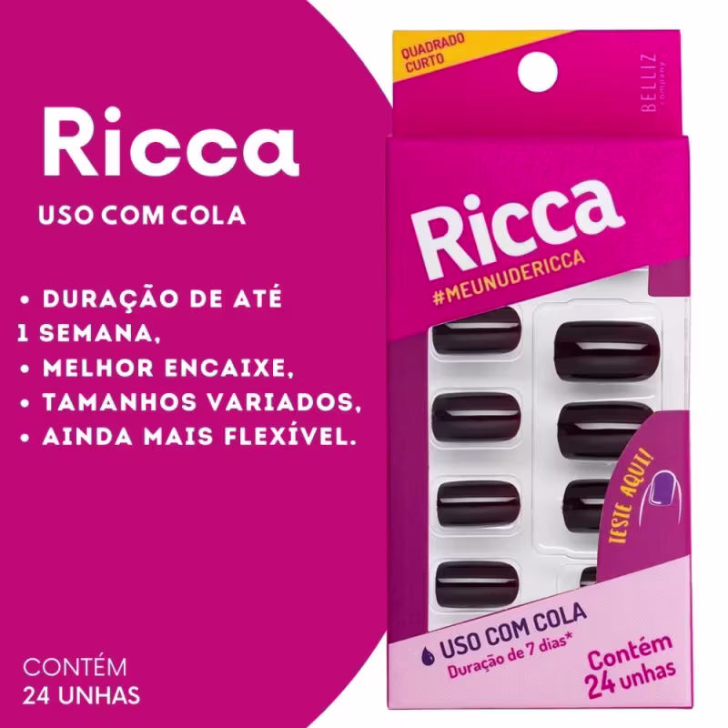 Unhas Postiças Chocolate Uso c/ Cola Quadrada Curta 24 Unhas Ricca