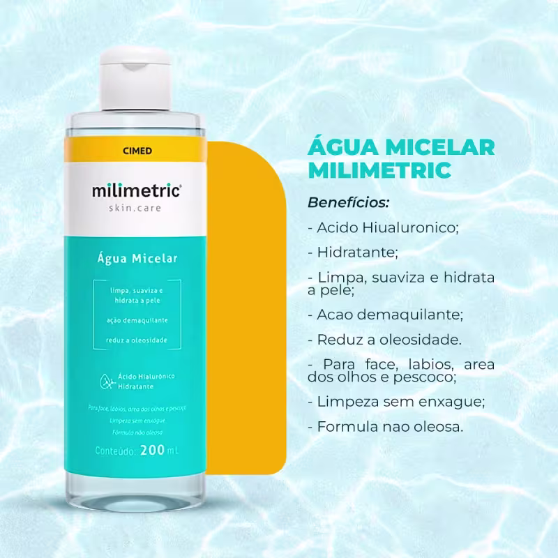 Texto destaca os benefícios do produto, como hidratação, limpeza suave e redução da oleosidade, ação demaquilante, fórmula não oleosa.